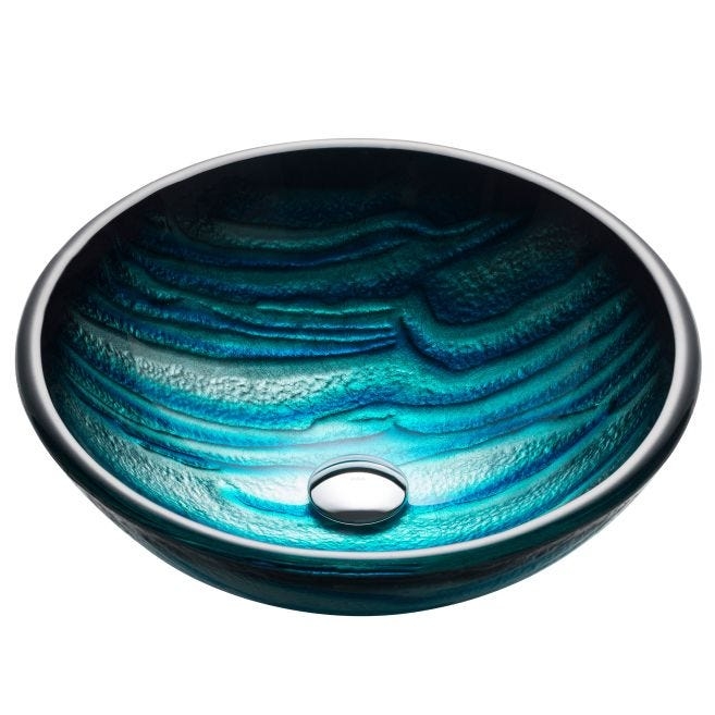 Vessel Sink Nature Blue Glass Textured Wave Pattern Circular Basin