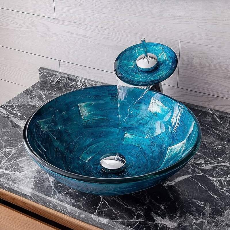 Vessel Sink Ocean Blue Swirling Texture Glass Round Basin Waterfall Set
