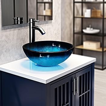 Vessel Sink Teal Blue Glass Shimmering Round Art Basin Slat Vanity