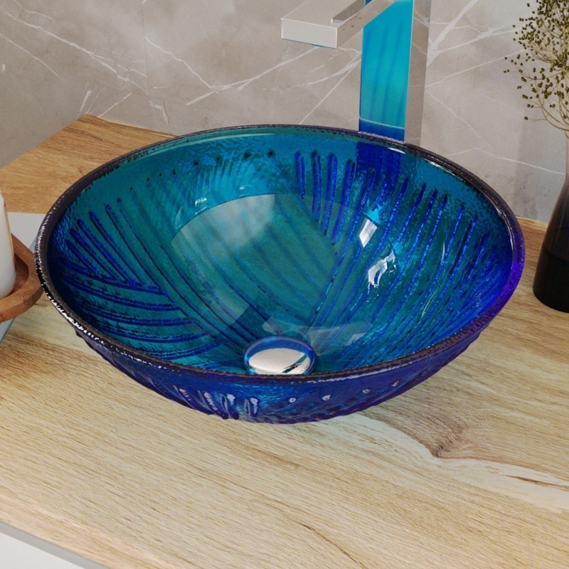 Vessel Sink Tempered Glass Ocean Blue Radial Ribbing Textured Basin