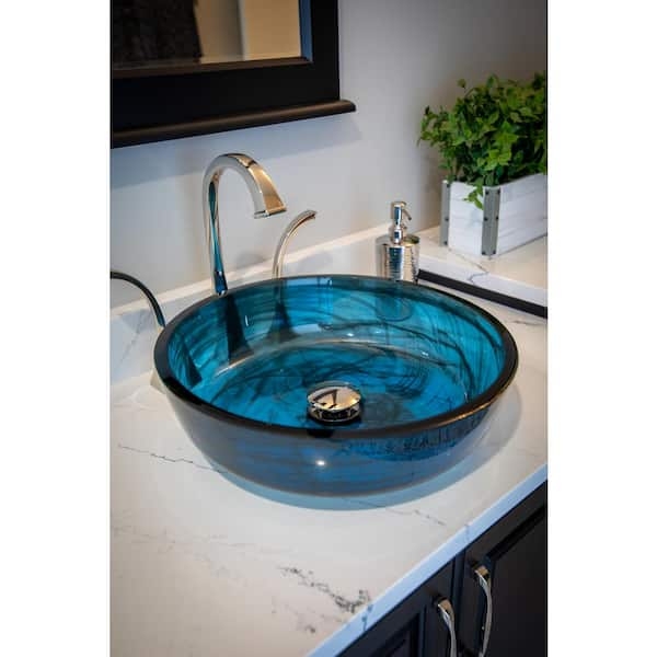 Vessel Sink Transparent Dark Blue Mist Pattern Flat Bottom Round Basin
