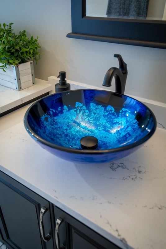 Vessel Sink Vibrant Blue Foil Round Glass Basin Modern Powder Room