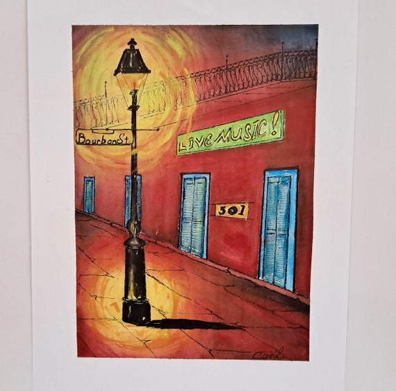 Vibrant Art Print featuring Neon Live Music Sign and Lamppost
