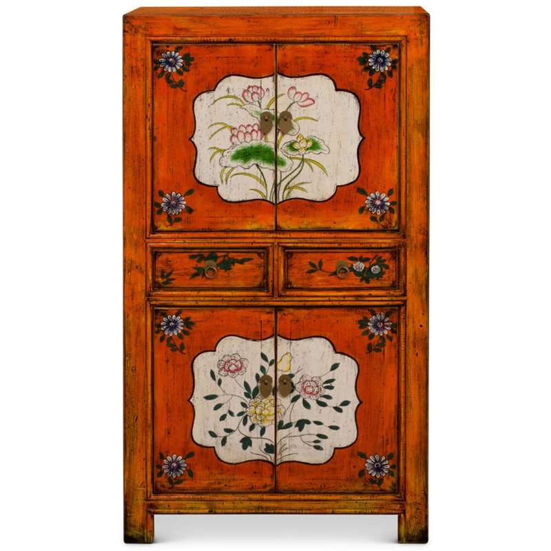 Vibrant Orange Oriental Storage Cabinet Hand Painted Floral