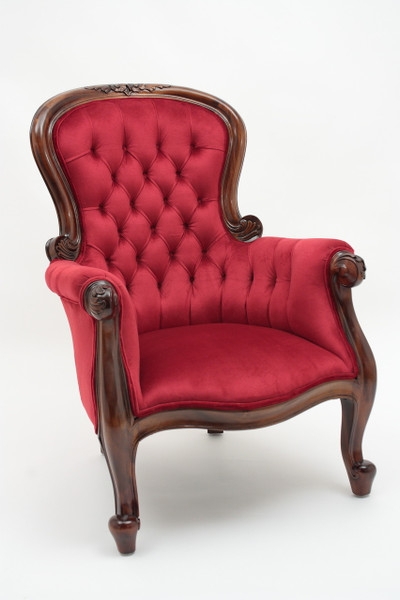 Victorian Armchair with Ruby Red Tufted Velvet and Carved Frame