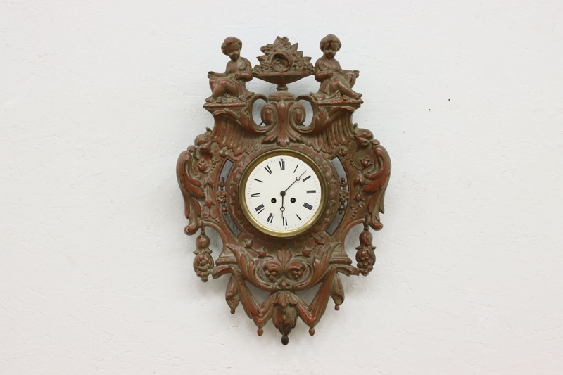Victorian Cast Iron Wall Clock with Ornate Cherub Figurines