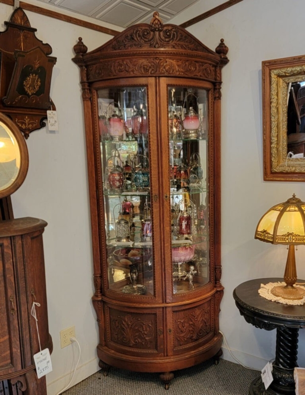 Victorian Corner Curio Cabinet Curved Glass with Ornate Carvings