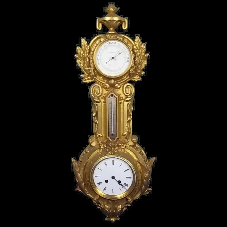 Victorian Gilt Wall Clock with Integrated Barometer and Thermometer