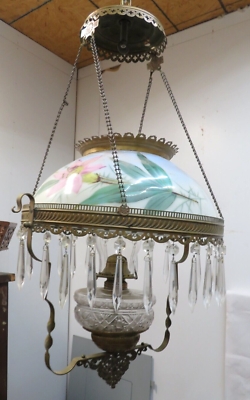 Victorian Parlor Lamp Floral Milk Glass Crystal Fringe Antique Brass