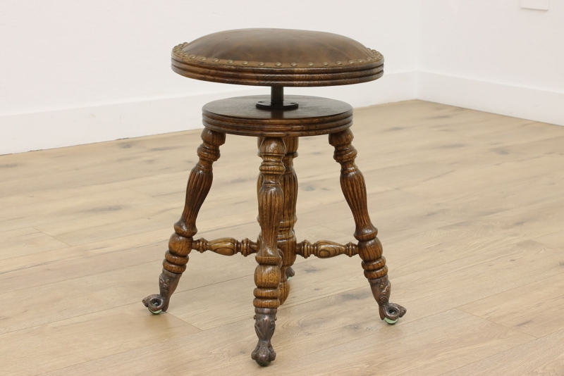 Victorian Style Piano Stool Vintage Oak Leather Nailhead Trim Claw Feet