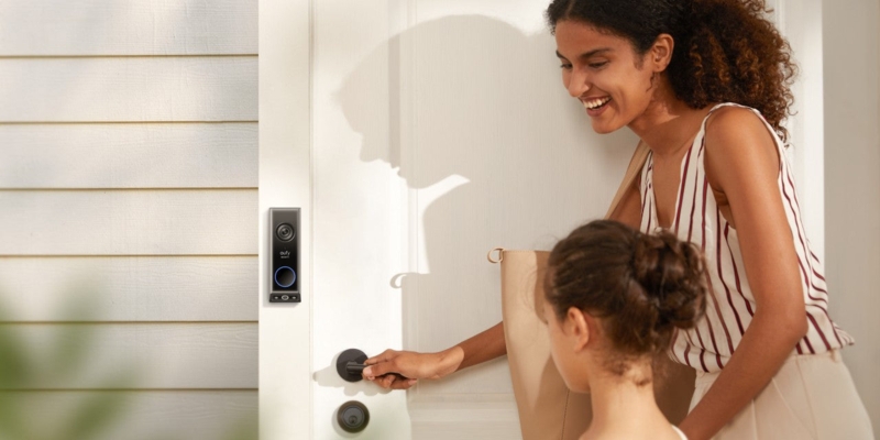 Video Doorbell Slim Profile Matte Black Hardware Blue LED Ring Modern