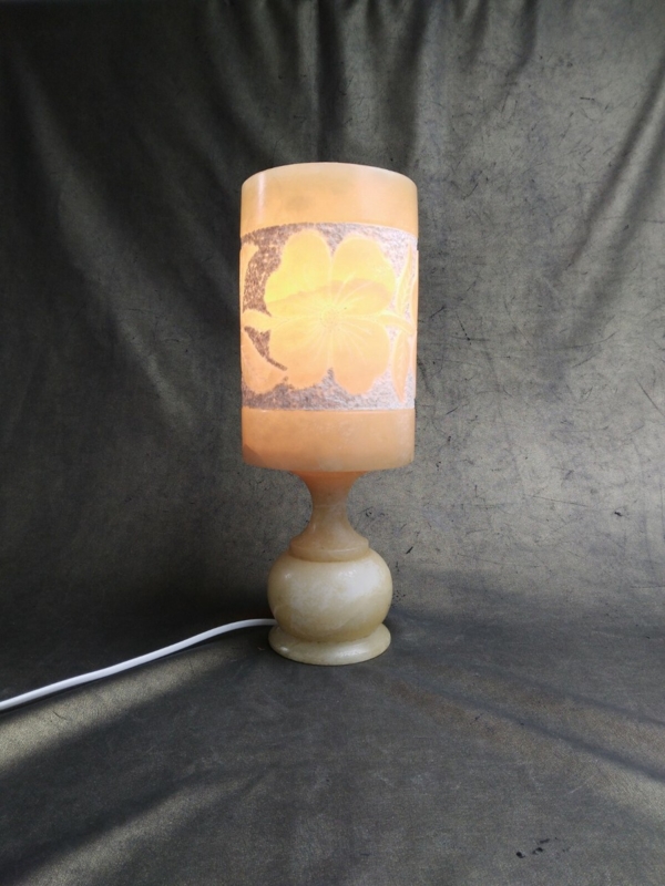 Vintage 70s Alabaster Table Lamp with Carved Daisy Pattern Shade