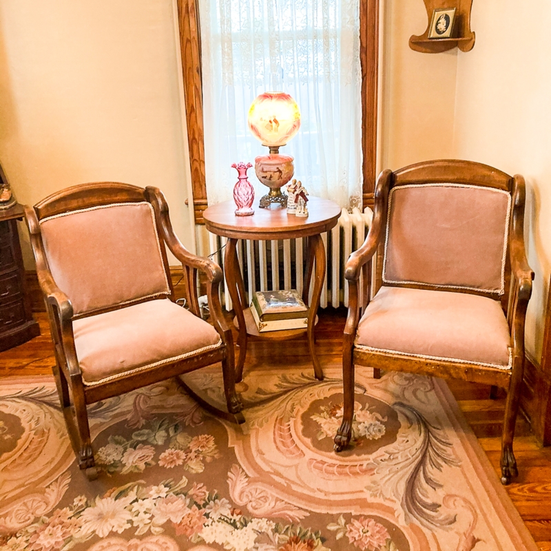 Vintage Accent Chairs with Carved Wood and Dusty Rose Upholstery