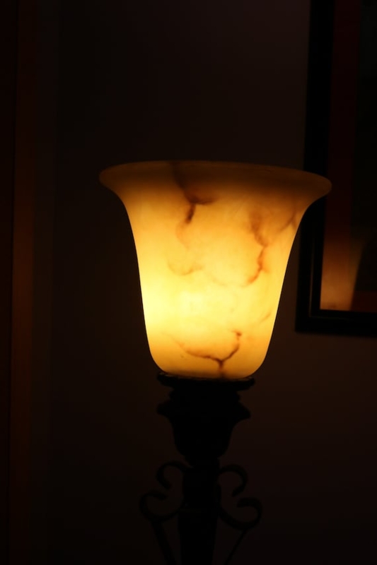 Vintage Alabaster Floor Lamp: Flared Marbled Shade, Scrollwork Base