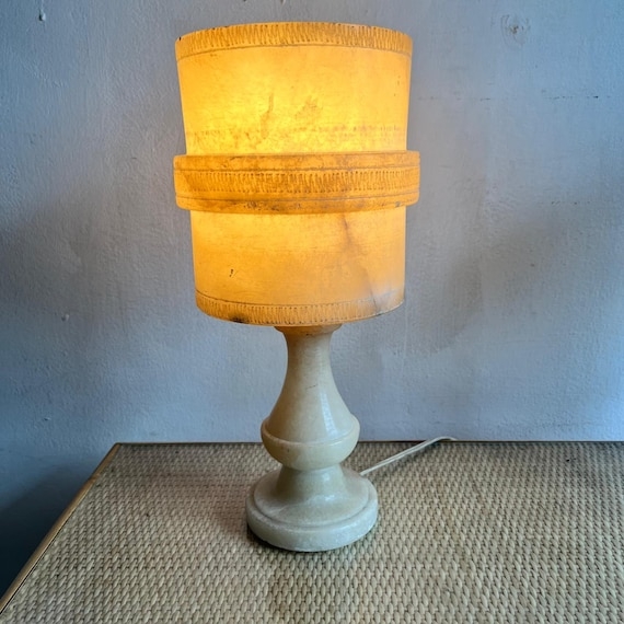 Vintage Alabaster Table Lamp with Carved Tiered Stone Shade