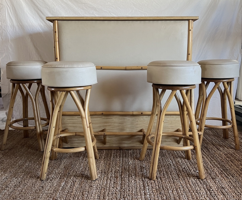 Vintage Bamboo Bar Set with Upholstered Front and Swivel Stools