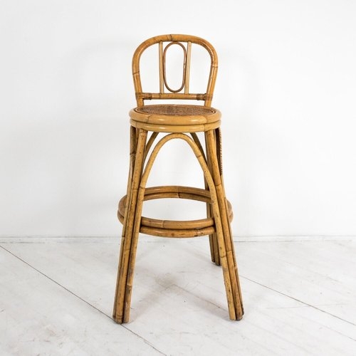 Vintage Bamboo Bar Stool with Oval Back Medallion and Woven Cane Seat