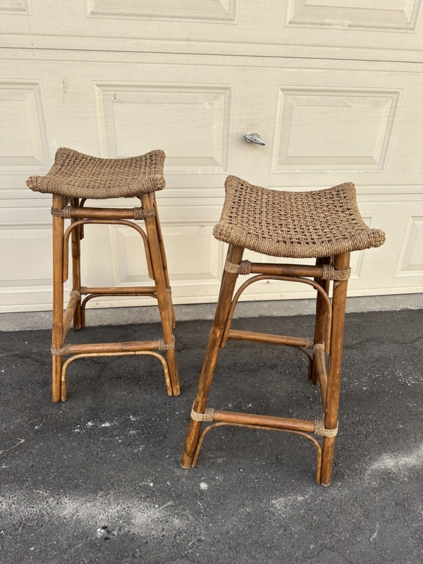 Vintage Bamboo Style Bar Stools with Woven Fiber Saddle Seats