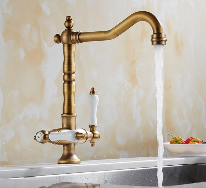 Vintage Brass Kitchen Faucet with White Ceramic Dual Handles