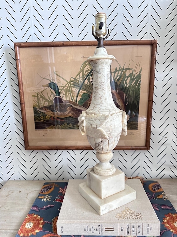 Vintage Italian Alabaster Urn Lamp featuring Carved Ram Heads