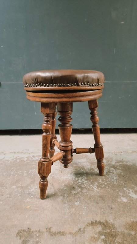 Vintage Oak Piano Stool Napoleon III Tripod Base Metal Stud Trim Leather