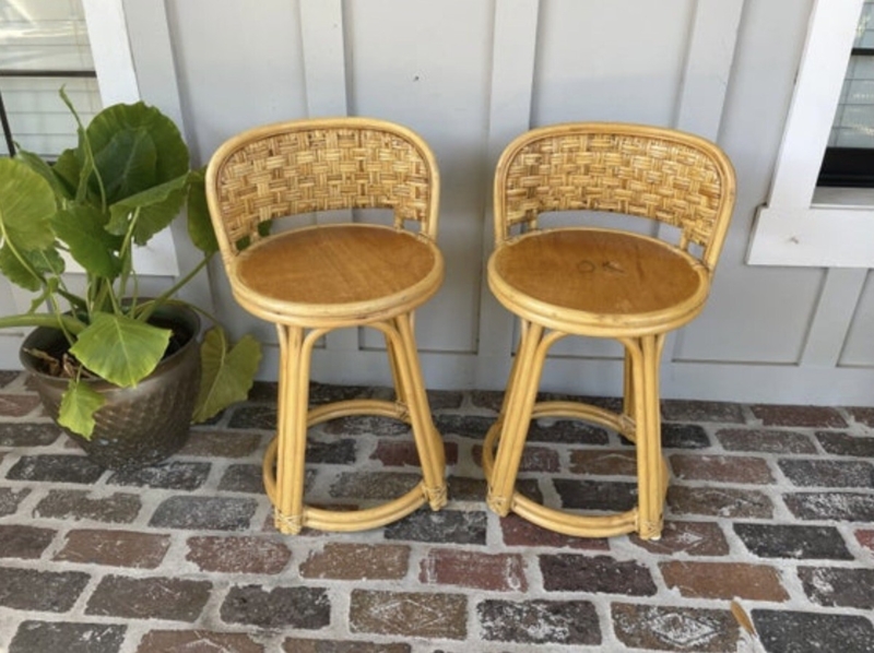 Vintage Rattan Barstools with Basketweave Back and Bundled Legs