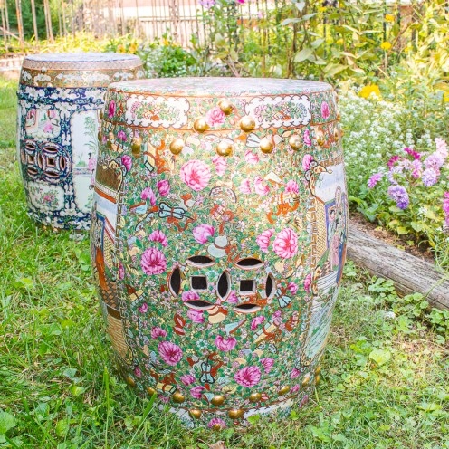 Vintage Rose Medallion Stool with Gold Stud Accents