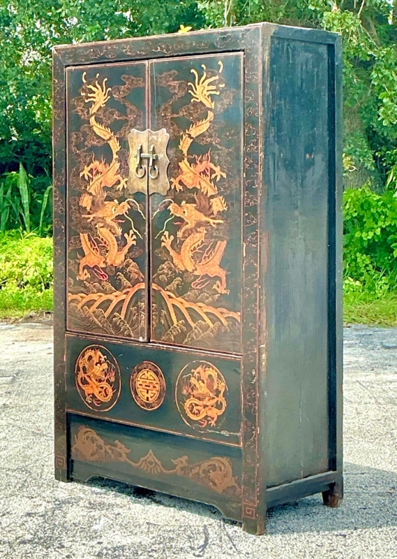 Vintage Storage Cabinet Hand Painted Dragons Butterfly Latch
