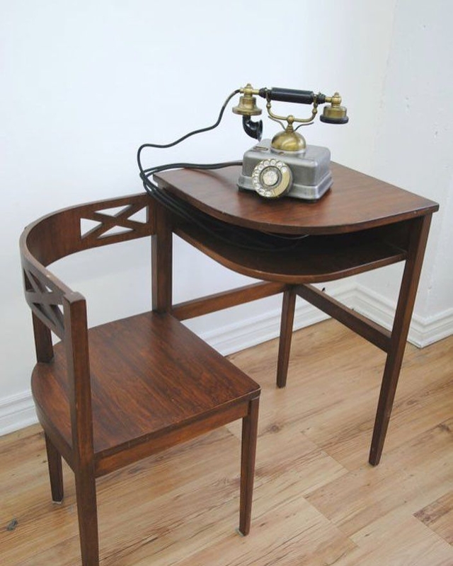 Vintage Telephone Table with Integrated Seat and X-Back Motif