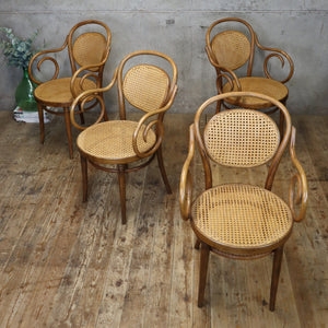 Vintage Thonet Bentwood Armchair: Cane Backrest, Scrolled Arms