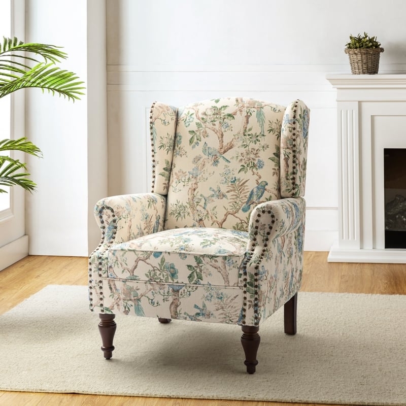 Vintage Wingback Chair with Botanical Bird Print and Nailhead Trim