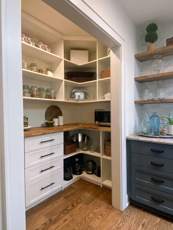 Walk-In Corner Pantry Ideas with Butcher Block Counter