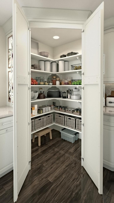 Walk-In Pantry with L-Shaped Shelving and White Bifold Doors