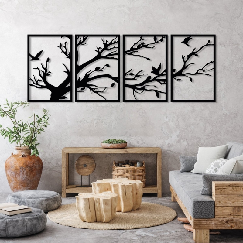 Wall Art 4 Panel Tree Bird Motifs Nature Inspired Decor Horizontal