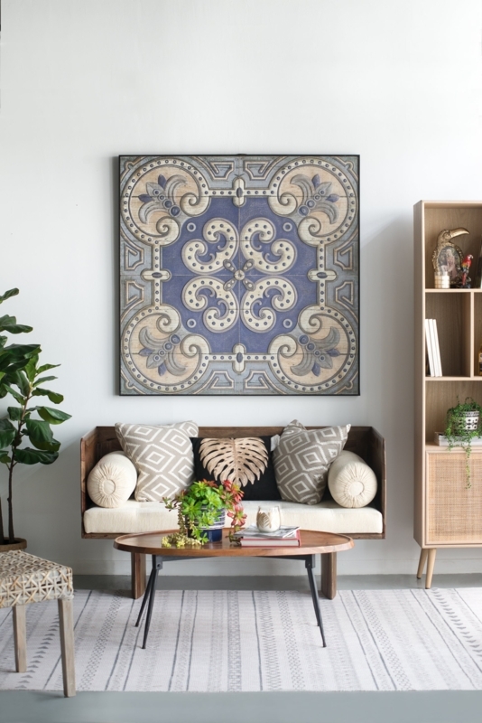 Wall Art Panel: 48 Inch Square with Indigo Scrollwork