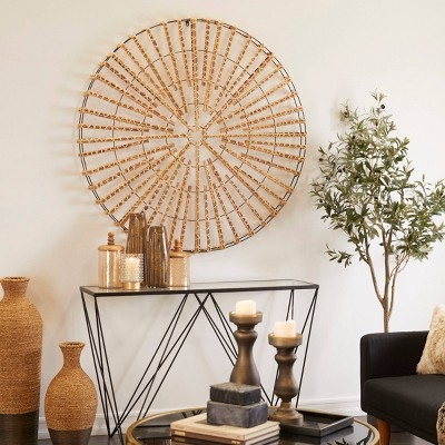 Wall Art Radial Rattan Sticks Black Metal Frame Handmade