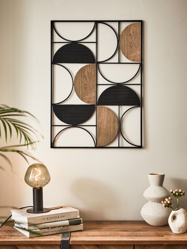 Wall Art Ribbed Semicircles Mixed Media Panels Wood Toned Geometric