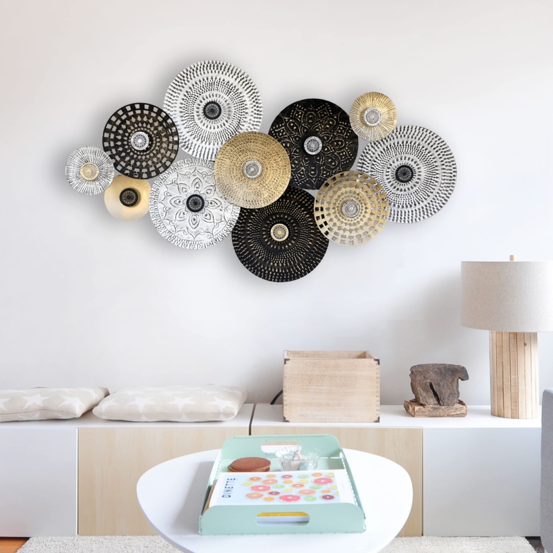 Wall Art Set Cutout Details Radial Patterns Black Gold Panels
