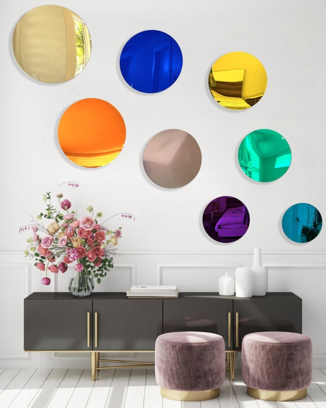 Wall Art Set Multi Hue Mirrored Circles Reflective Acrylic