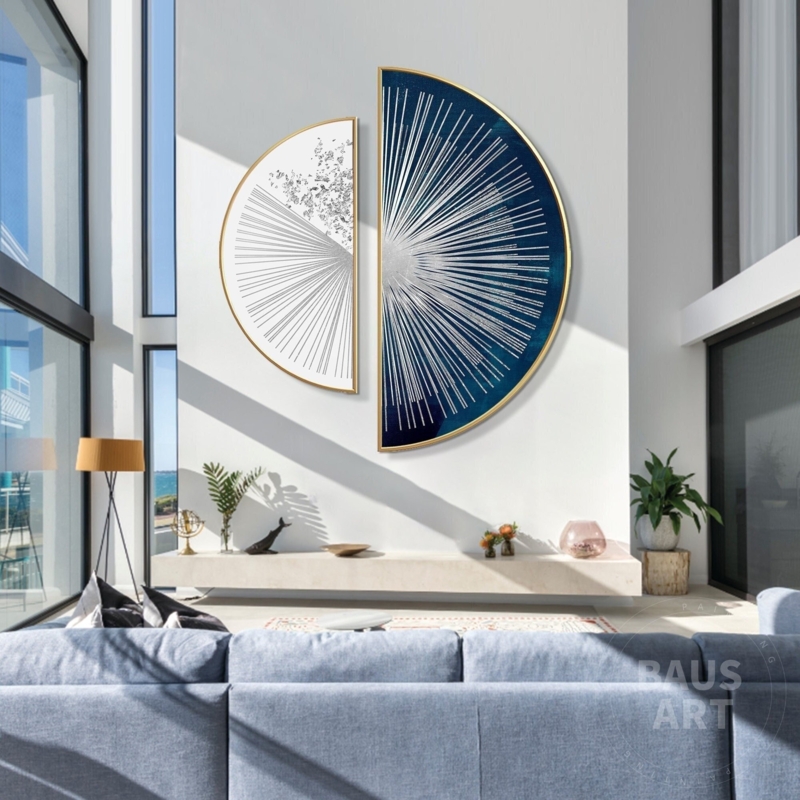 Wall Art Set Split Circle Design Navy Gold Radial Canvas