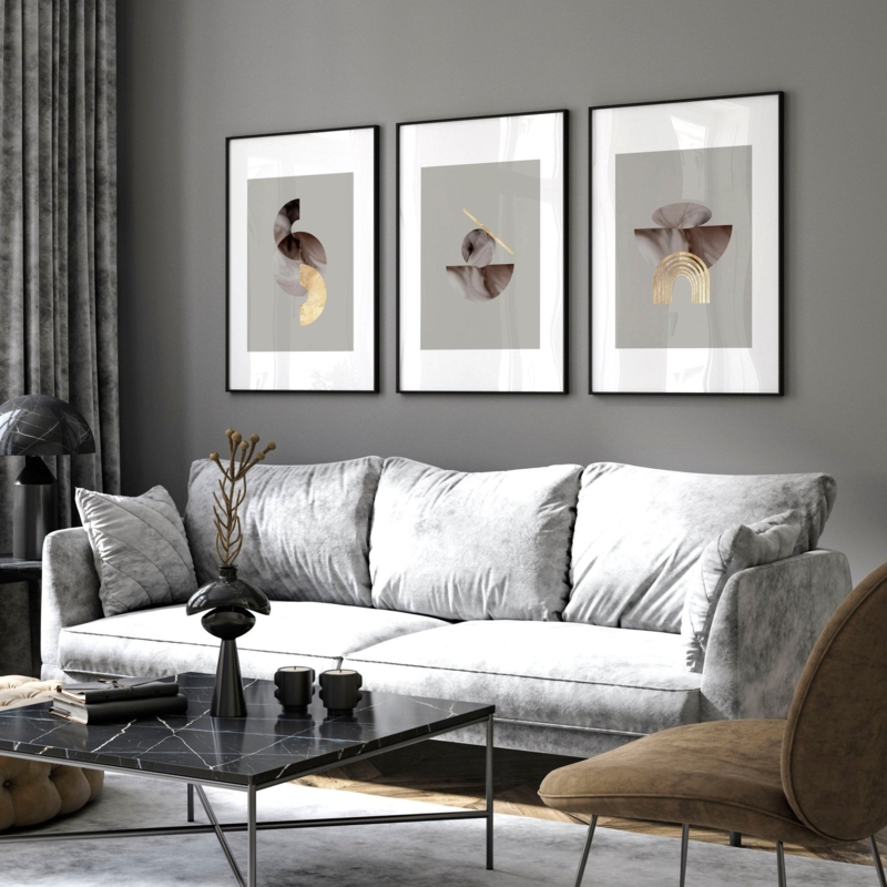 Wall Art Set: Triptych Layout with Mid Century Gold Leaf Accents