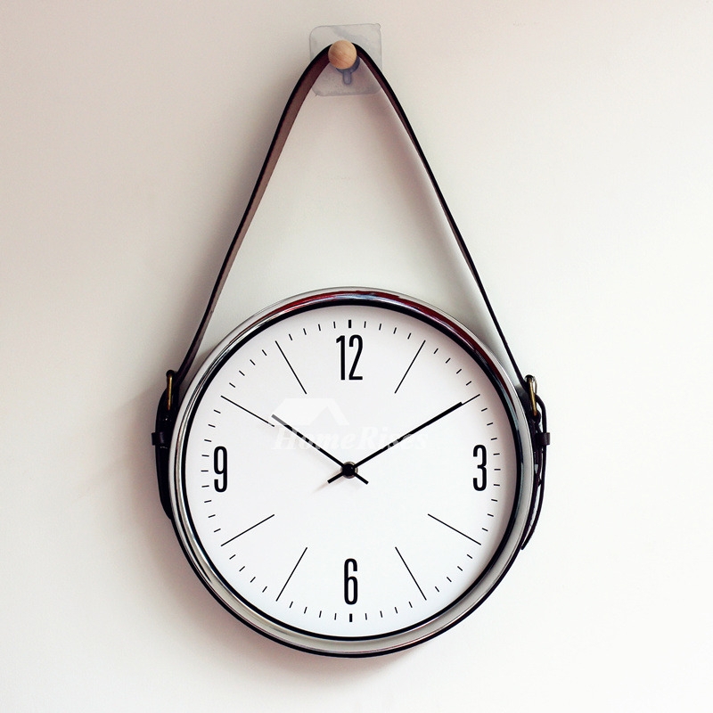Wall Clock Analog Hanging Leather Strap Buckle Details Silver Rim