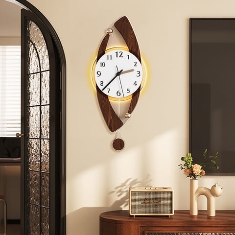 Wall Clock Asymmetrical Walnut Frame Pendulum Integrated Lighting