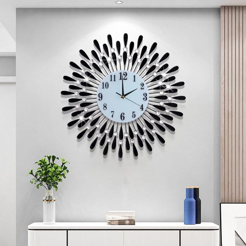 Wall Clock Large Black Sunburst Teardrop Petals Crystal Accents