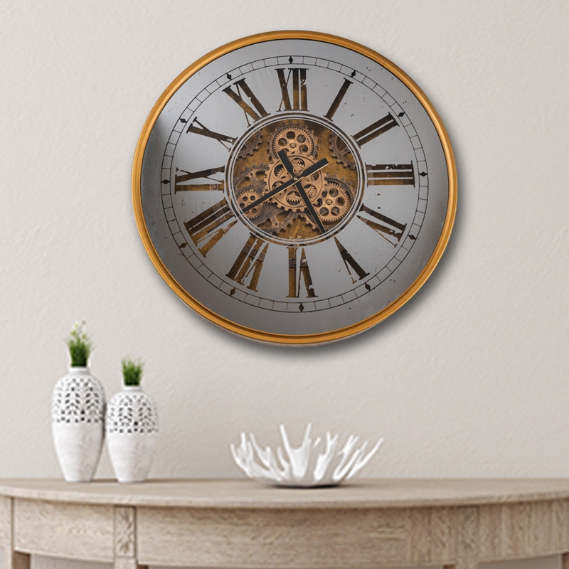 Wall Clock Large Industrial Exposed Gears Gold Frame Roman Numerals