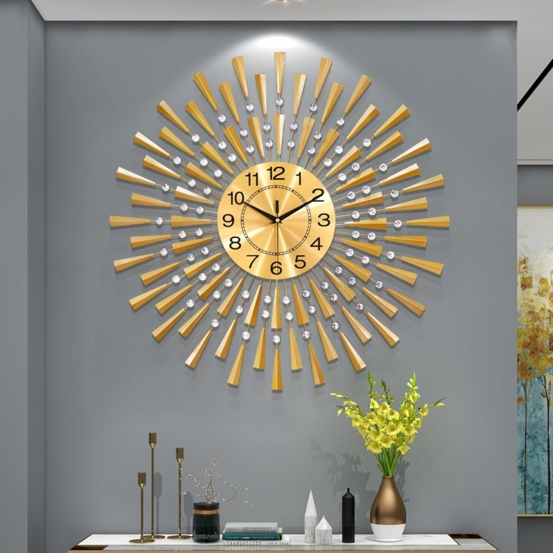 Wall Clock Large Polished Sunburst Crystal Studs Glam