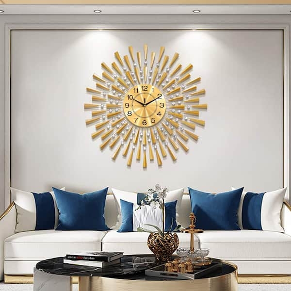 Wall Clock Large Sunburst Design Polished Crystal Accents Glam