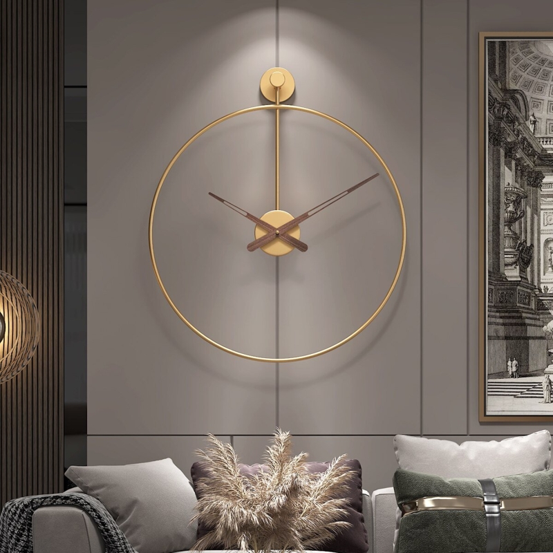 Wall Clock Minimalist Oversized Circular Frame Brushed Gold Wood Hands