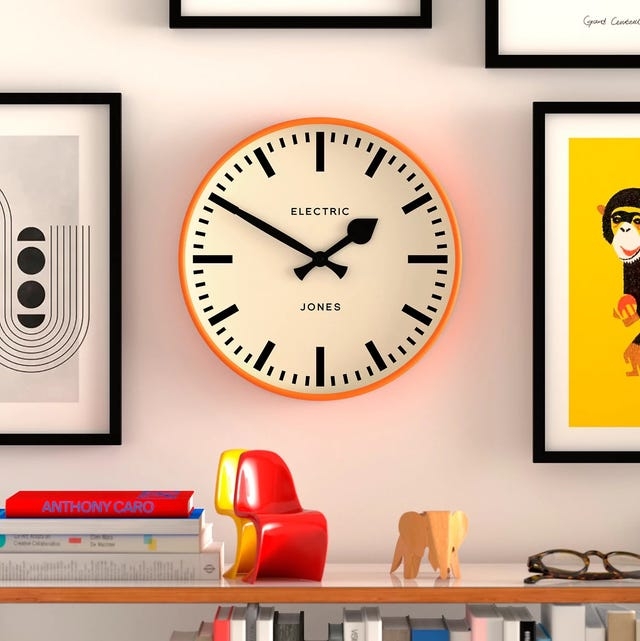 Wall Clock Round Mid Century Orange Rim Spade Hands Graphic