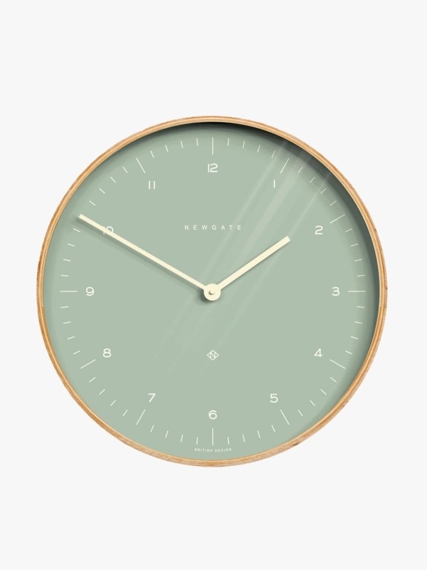 Wall Clock Round Sage Green Dial Plywood Rim Graphic Typography Scandi